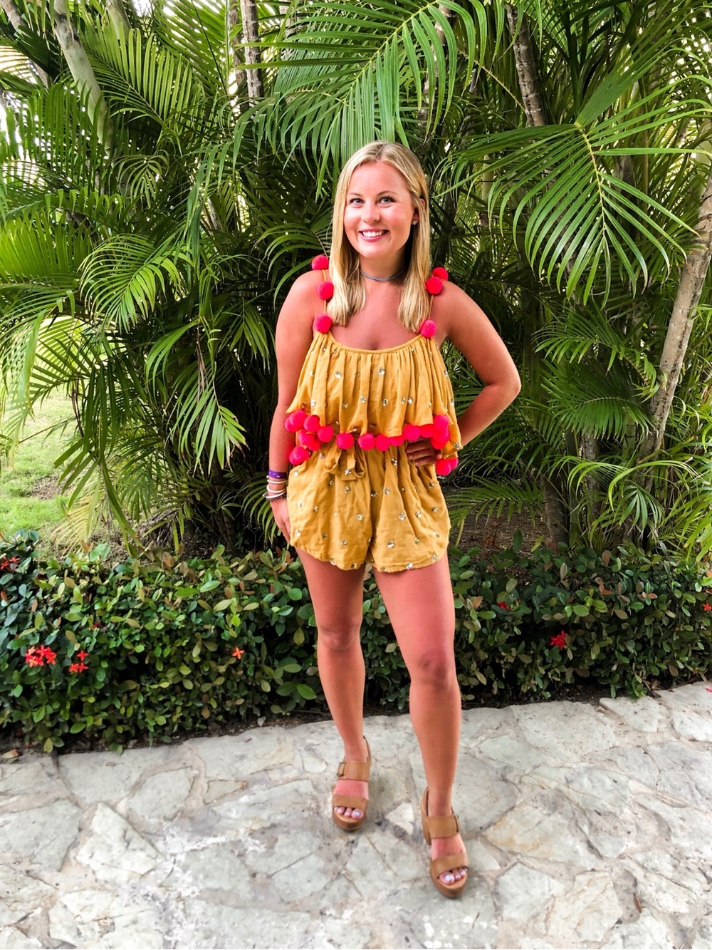 Sundress Mustard Yellow Pom-Pom One-Piece Romper